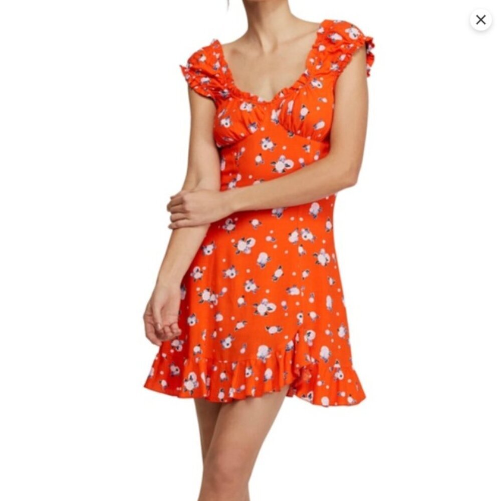 Free People “Like A Lady” Orange Floral Ruffle Mini Dress • Large